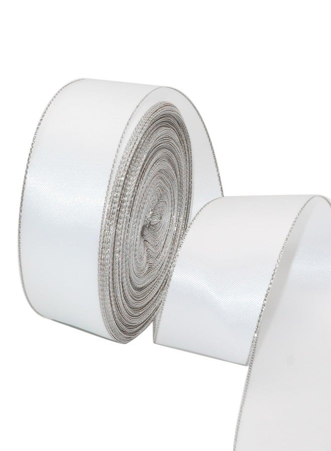David accessories Satin Ribbon with Silver Edges 1.5 Inch Wide 20 Yards, Gold Border Fabric Ribbons for Gift Wrapping DIY Crafts Christmas Decor Wreath Bows Invitations (White) - Image 1